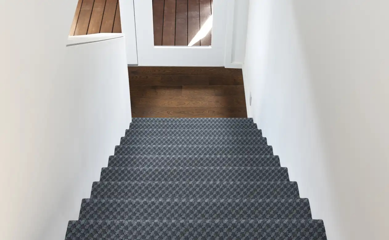 patterned grey stair runners on staircase